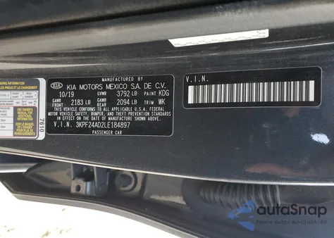 2020 Kia Forte Fe z USA, uszkodzony, nr VIN 3KPF24AD2LE184897